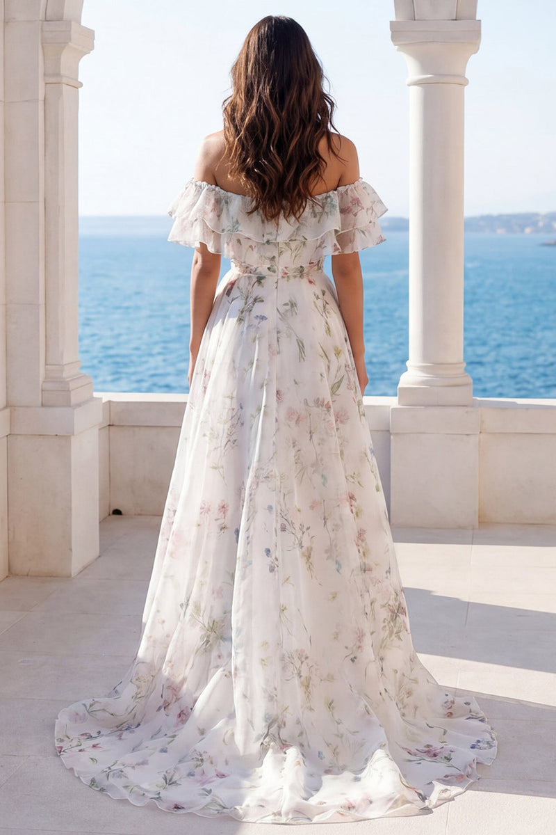 Laden Sie das Bild in den Galerie-Viewer, Off-the-shoulder elfenbeinfarbenes Blumenmuster mit Rüschen