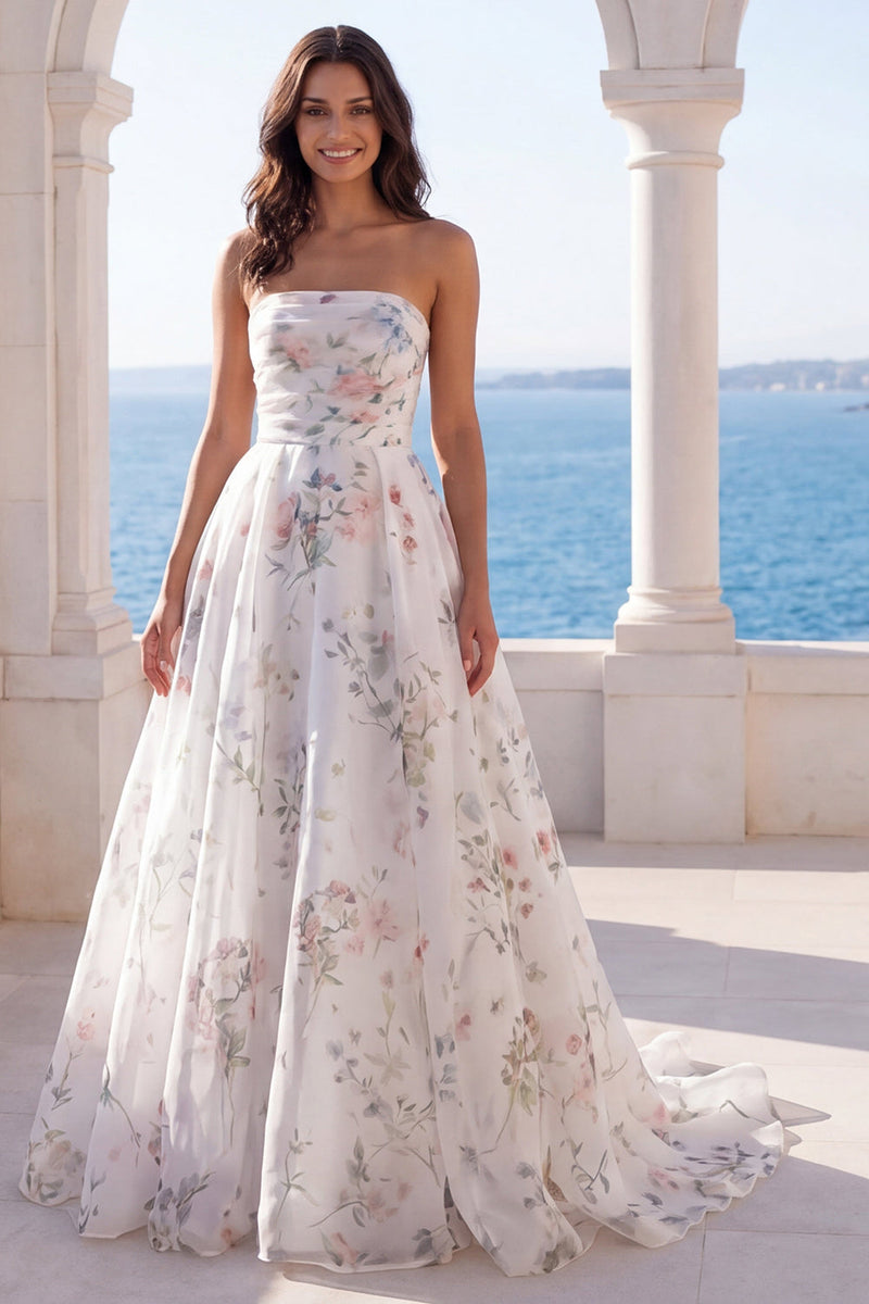 Laden Sie das Bild in den Galerie-Viewer, Trägerloses, elfenbeinbedrucktes Blumen-Hochzeitskleid mit Elfenbeinmuster und Kapellenschleppe