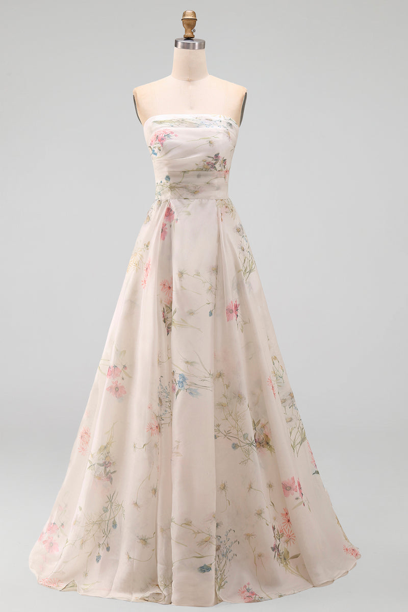Laden Sie das Bild in den Galerie-Viewer, Trägerloses Elfenbein Bedrucktes Blumen Hochzeitskleid mit Elfenbeinmuster und Kapellenschleppe