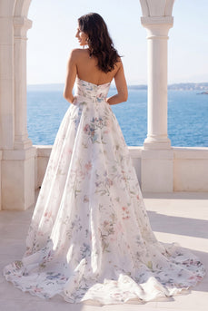 Trägerloses, elfenbeinbedrucktes Blumen-Hochzeitskleid mit Elfenbeinmuster und Kapellenschleppe