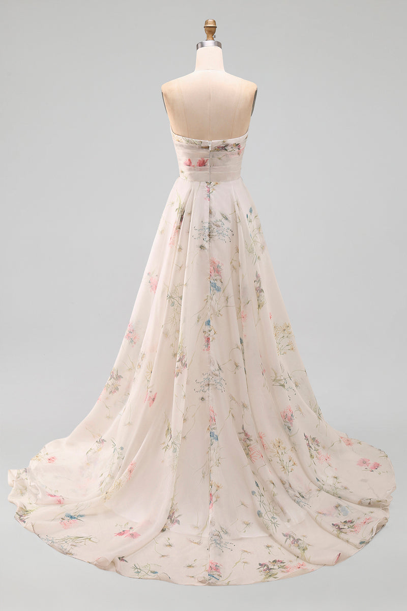 Laden Sie das Bild in den Galerie-Viewer, Trägerloses Elfenbein Bedrucktes Blumen Hochzeitskleid mit Elfenbeinmuster und Kapellenschleppe
