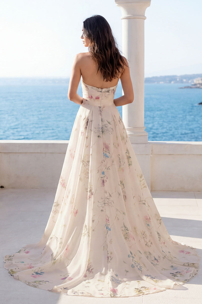 Laden Sie das Bild in den Galerie-Viewer, Trägerloses Elfenbein Bedrucktes Blumen Hochzeitskleid mit Elfenbeinmuster und Kapellenschleppe