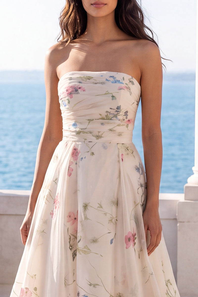 Laden Sie das Bild in den Galerie-Viewer, Trägerloses Elfenbein Bedrucktes Blumen Hochzeitskleid mit Elfenbeinmuster und Kapellenschleppe