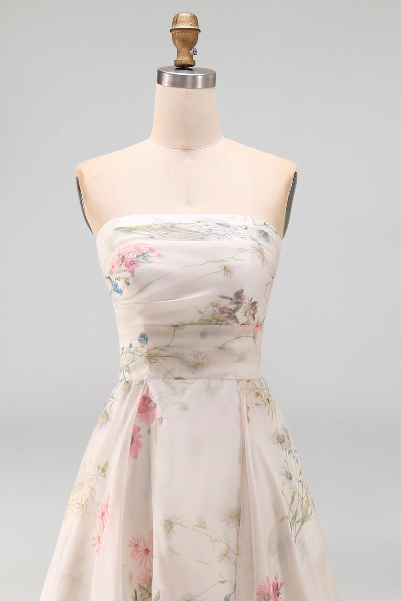 Laden Sie das Bild in den Galerie-Viewer, Trägerloses Elfenbein Bedrucktes Blumen Hochzeitskleid mit Elfenbeinmuster und Kapellenschleppe