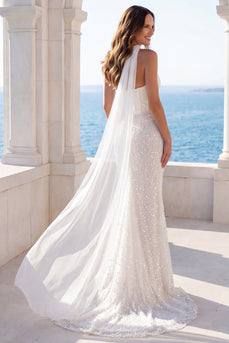 Elfenbeinfarbenes, trägerloses Pailletten-Meerjungfrauen-Korsett-Hochzeitskleid mit Schal