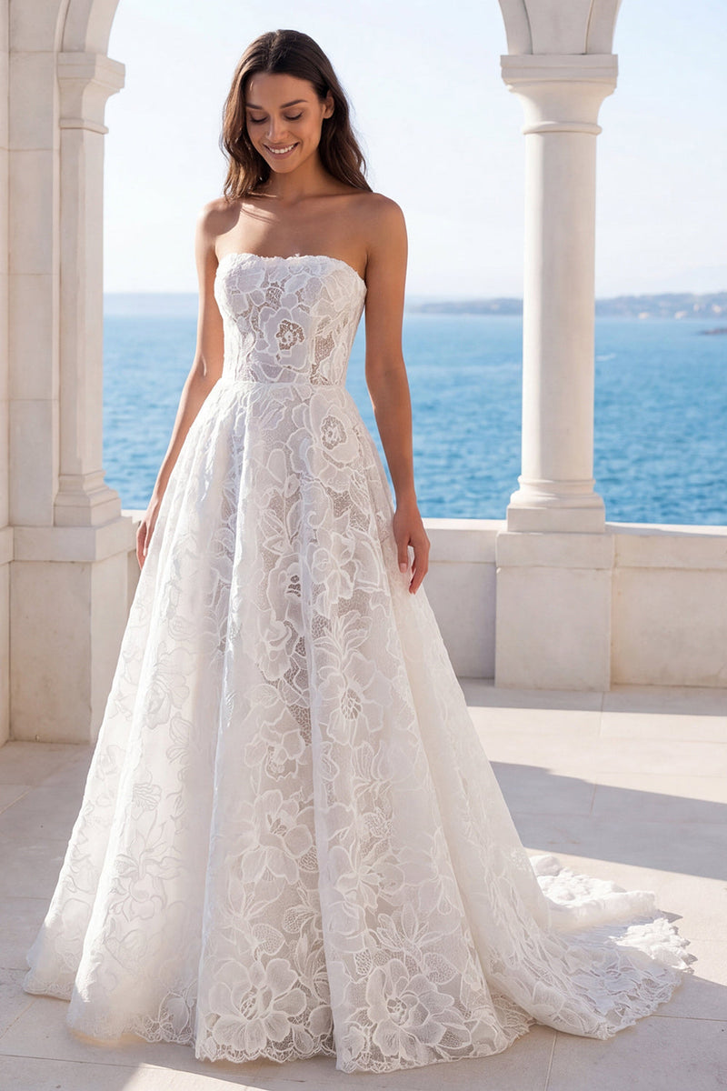 Laden Sie das Bild in den Galerie-Viewer, Trägerloses Blumenspitzen-A-Line-Hochzeitskleid