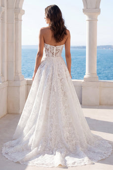 Trägerloses Blumenspitzen-A-Line-Hochzeitskleid