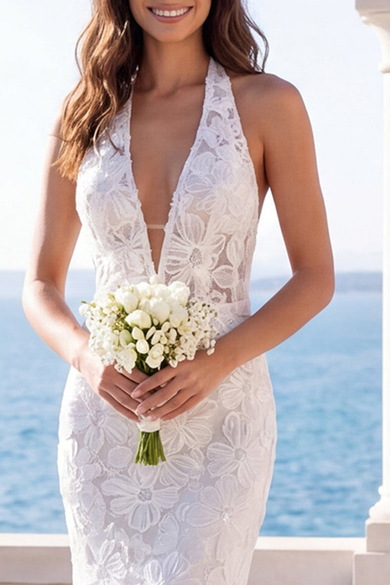 Laden Sie das Bild in den Galerie-Viewer, Elfenbeinfarbenes Meerjungfrauen-Neckholder-Brautkleid