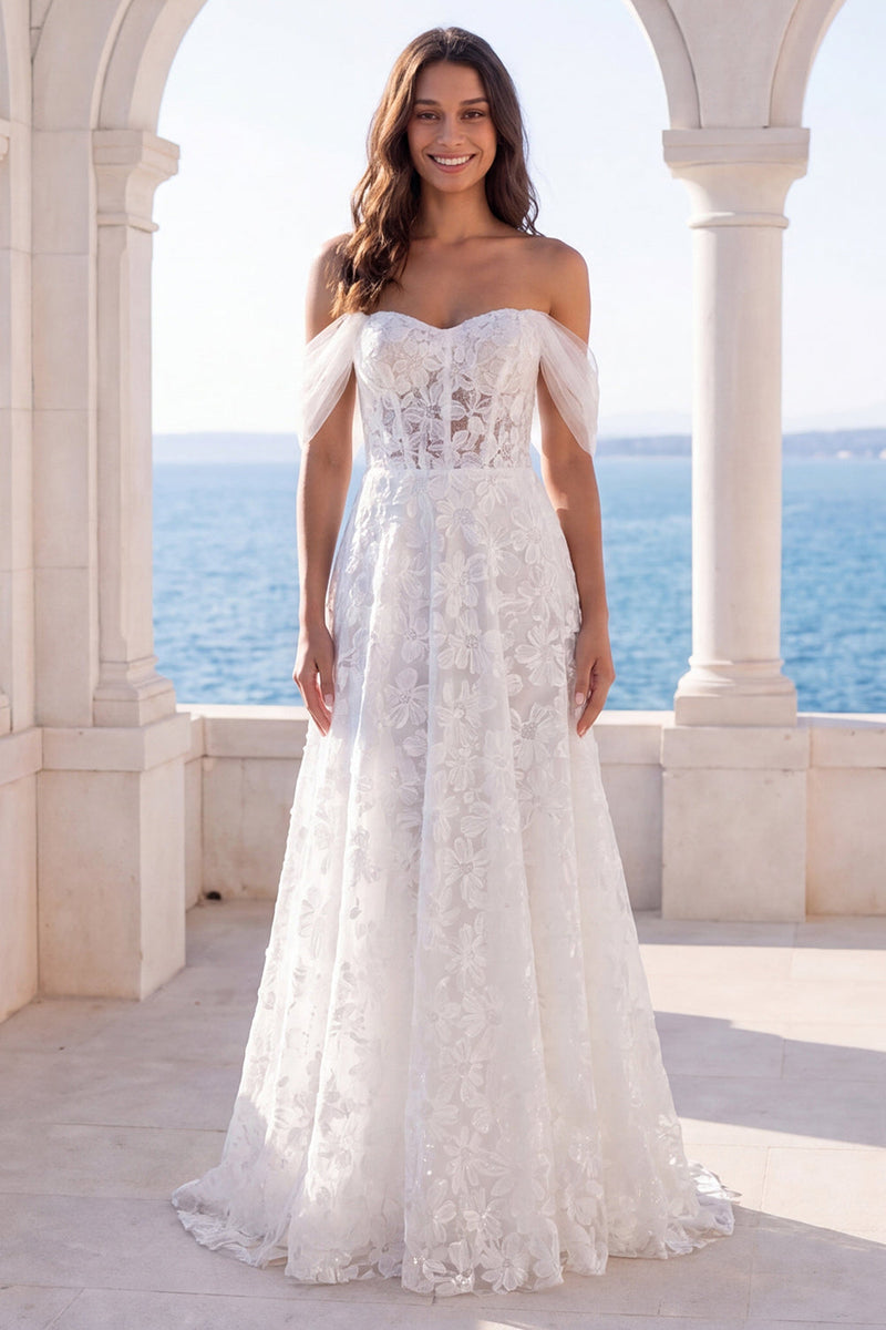 Laden Sie das Bild in den Galerie-Viewer, Off-the-shoulder Elfenbeinbesticktes Fl-Korsett-A-Linie Hochzeitskleid