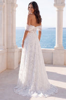 Laden Sie das Bild in den Galerie-Viewer, Off-the-shoulder Elfenbeinbesticktes Fl-Korsett-A-Linie Hochzeitskleid