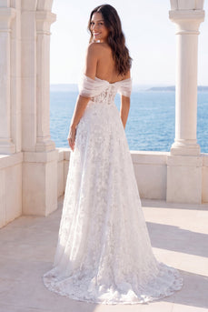 Off-the-shoulder Elfenbeinbesticktes Fl-Korsett-A-Linie Hochzeitskleid