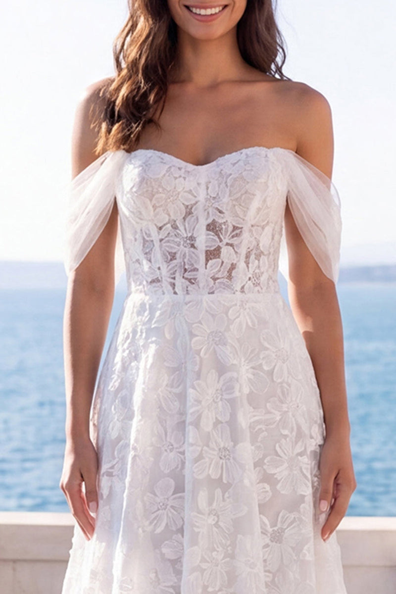 Laden Sie das Bild in den Galerie-Viewer, Off-the-shoulder Elfenbeinbesticktes Fl-Korsett-A-Linie Hochzeitskleid