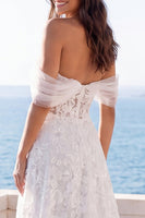 Laden Sie das Bild in den Galerie-Viewer, Off-the-shoulder Elfenbeinbesticktes Fl-Korsett-A-Linie Hochzeitskleid