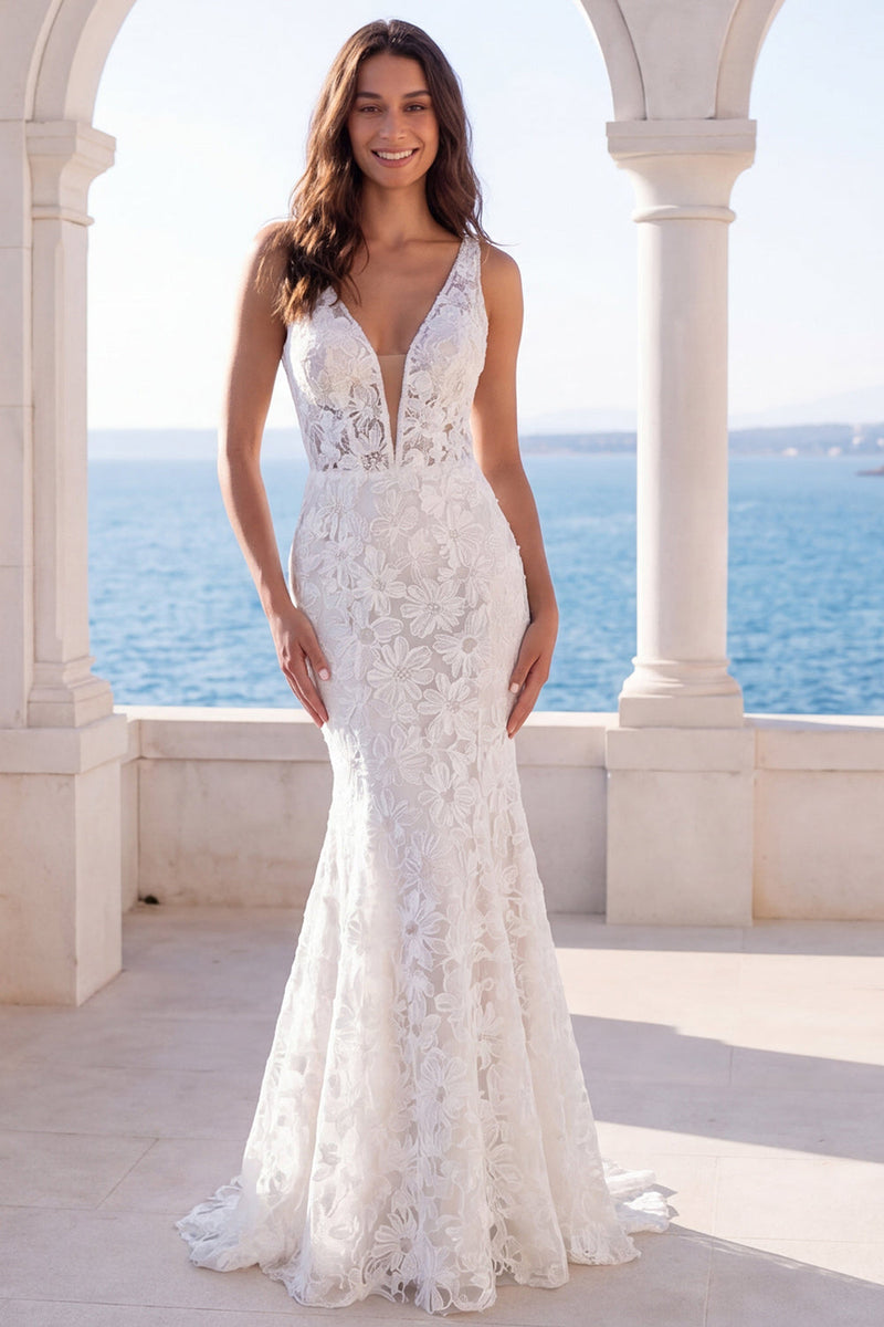 Laden Sie das Bild in den Galerie-Viewer, Meerjungfrauen-Elfenbein-V-Ausschnitt Blumenspitzen-Sweep-Zug Boho-Hochzeitskleid