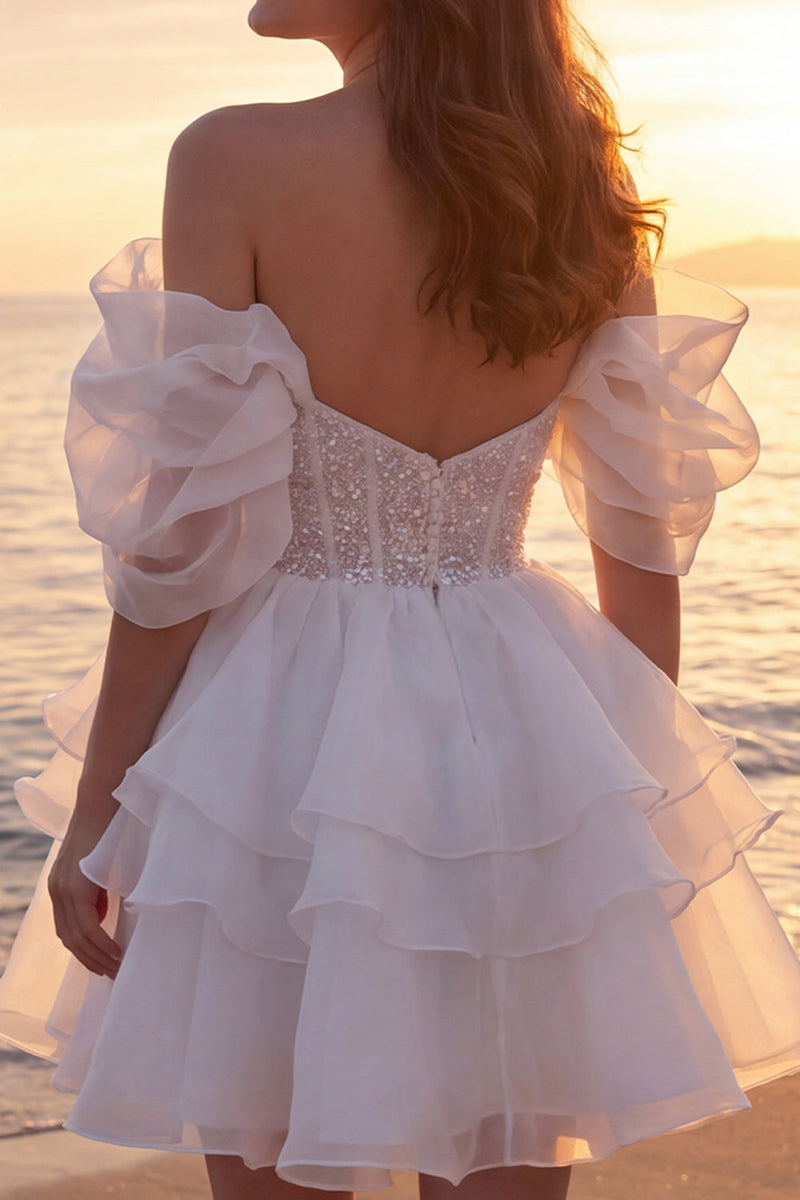 Laden Sie das Bild in den Galerie-Viewer, A-Linie Kurzes Glitzerndes Elfenbein Korsett Brautkleid mit Perlenbestickung und Rüschen
