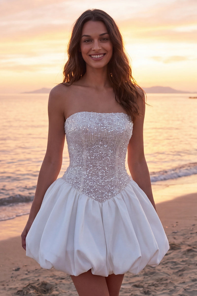 Laden Sie das Bild in den Galerie-Viewer, Glitzerndes Elfenbein Korsett Trägerloses Kurzes Hochzeitskleid mit Pailletten