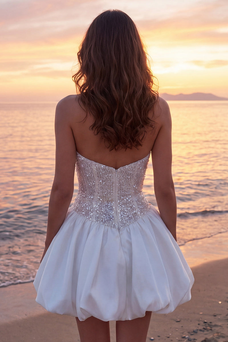 Laden Sie das Bild in den Galerie-Viewer, Glitzerndes Elfenbein Korsett Trägerloses Kurzes Hochzeitskleid mit Pailletten