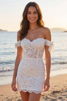 Laden Sie das Bild in den Galerie-Viewer, Kurzes Elfenbein Schulterfreies Blumen Korsett Boho Hochzeitskleid mit Schleifen