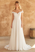 Laden Sie das Bild in den Galerie-Viewer, Off-the-shoulder Elfenbeinspitze A-Linie Chiffon Hochzeitskleid