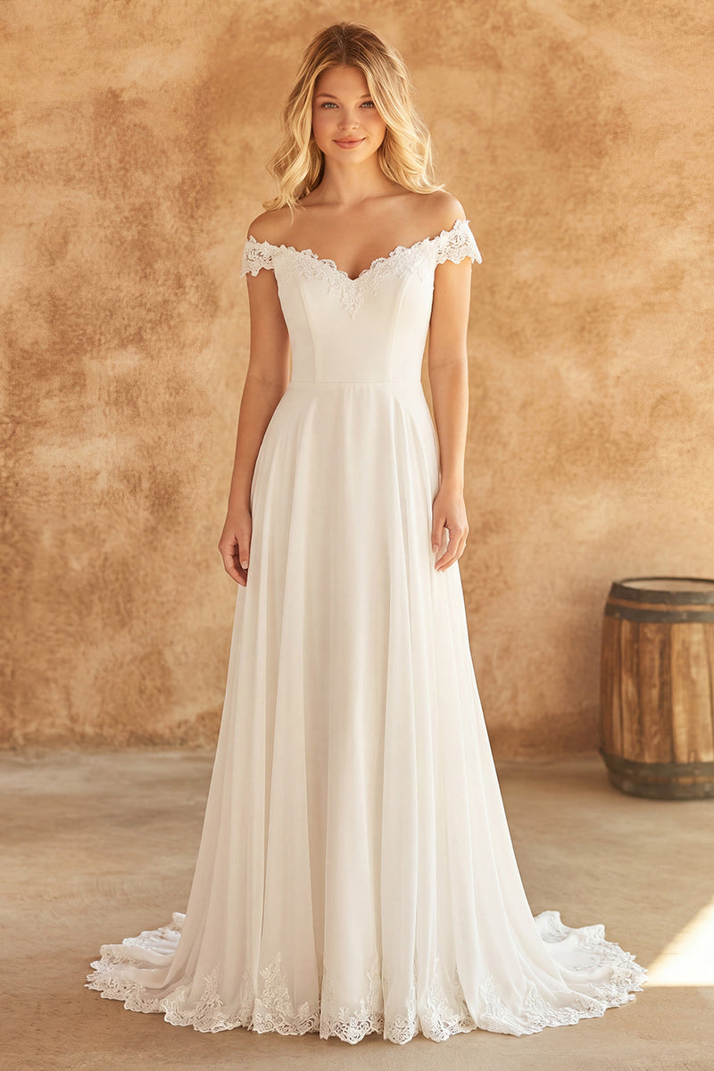 Laden Sie das Bild in den Galerie-Viewer, Off-the-shoulder Elfenbeinspitze A-Linie Chiffon Hochzeitskleid