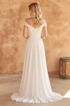 Off-the-shoulder Elfenbeinspitze A-Linie Chiffon Hochzeitskleid