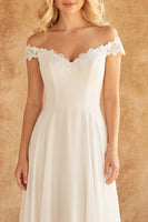 Laden Sie das Bild in den Galerie-Viewer, Off-the-shoulder Elfenbeinspitze A-Linie Chiffon Hochzeitskleid