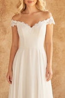 Laden Sie das Bild in den Galerie-Viewer, Off-the-shoulder Elfenbeinspitze A-Linie Chiffon Hochzeitskleid