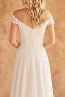 Laden Sie das Bild in den Galerie-Viewer, Off-the-shoulder Elfenbeinspitze A-Linie Chiffon Hochzeitskleid