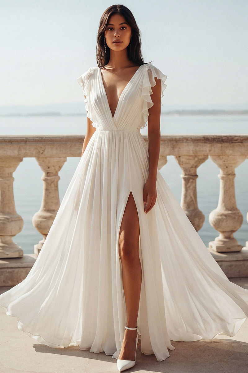 Laden Sie das Bild in den Galerie-Viewer, Elfenbein-V-Ausschnitt Chiffon-Hochzeitskleid mit Rüschen und Schlitz