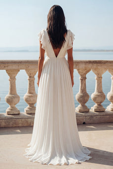 Elfenbein-V-Ausschnitt Chiffon-Hochzeitskleid mit Rüschen und Schlitz