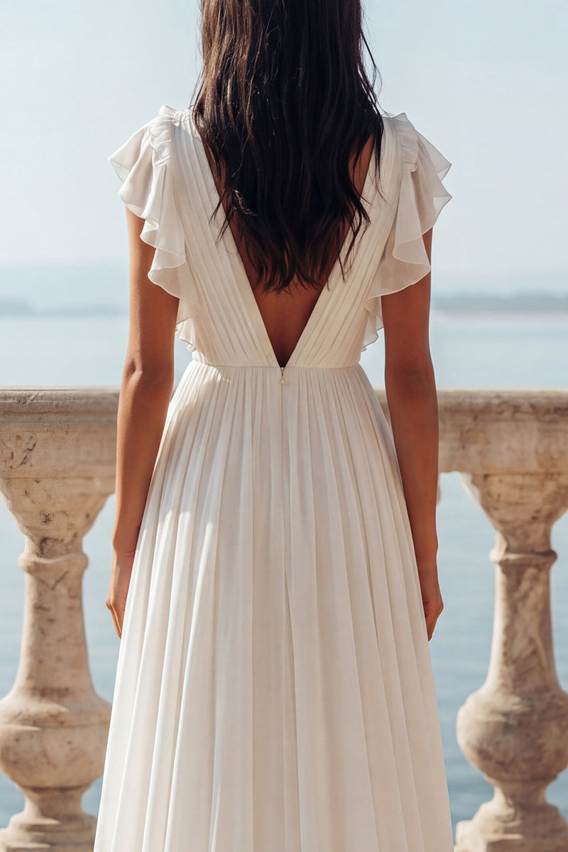 Laden Sie das Bild in den Galerie-Viewer, Elfenbein-V-Ausschnitt Chiffon-Hochzeitskleid mit Rüschen und Schlitz