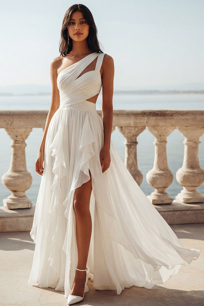 Laden Sie das Bild in den Galerie-Viewer, Eine Schulter mit ausgeschnittenem Elfenbein, ein Rüschen-Chiffon-Hochzeitskleid