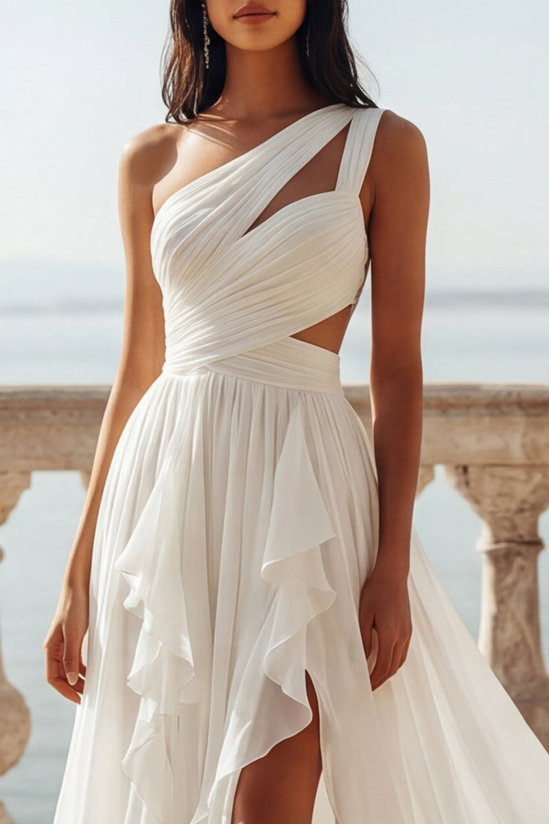 Laden Sie das Bild in den Galerie-Viewer, Eine Schulter mit ausgeschnittenem Elfenbein, ein Rüschen-Chiffon-Hochzeitskleid