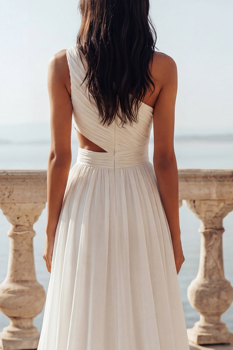 Laden Sie das Bild in den Galerie-Viewer, Eine Schulter mit ausgeschnittenem Elfenbein, ein Rüschen-Chiffon-Hochzeitskleid