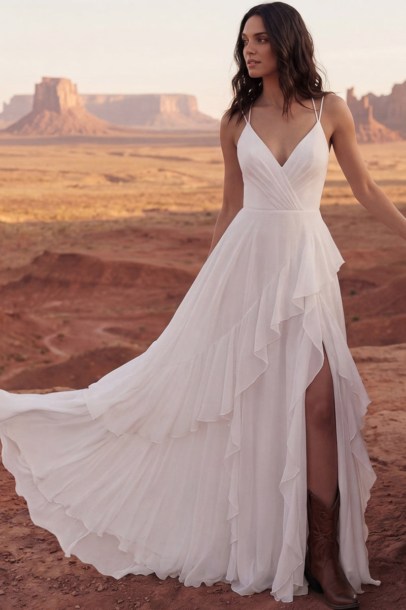 Laden Sie das Bild in den Galerie-Viewer, Elfenbeinfarbene Spaghettiträger Ein liniengebundenes Boho-Hochzeitskleid mit Rüschen