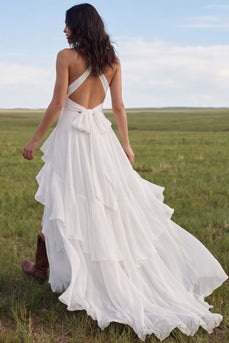 Halter Ivory A Line Chiffon Boho Hochzeitskleid