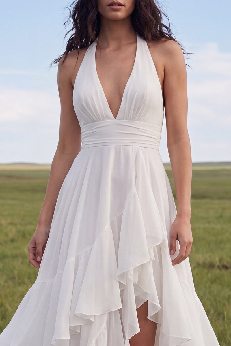 Laden Sie das Bild in den Galerie-Viewer, Halter Ivory A Line Chiffon Boho Hochzeitskleid