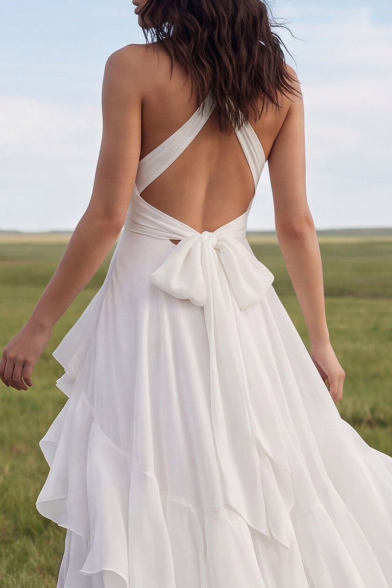 Laden Sie das Bild in den Galerie-Viewer, Halter Ivory A Line Chiffon Boho Hochzeitskleid