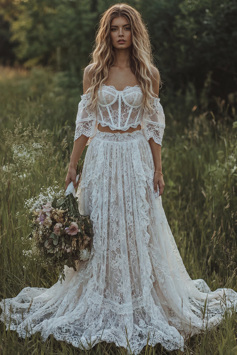 Laden Sie das Bild in den Galerie-Viewer, Spitzen-Off-the-Shoulder-Elfenbein-Korsett Boho-Hochzeitskleid