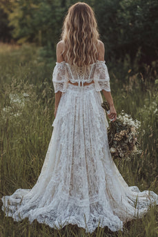 Spitzen-Off-the-Shoulder-Elfenbein-Korsett Boho-Hochzeitskleid