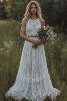 Laden Sie das Bild in den Galerie-Viewer, Spitzen-Elfenbein-Rüschen A-Linie zweiteiliges Boho-Hochzeitskleid