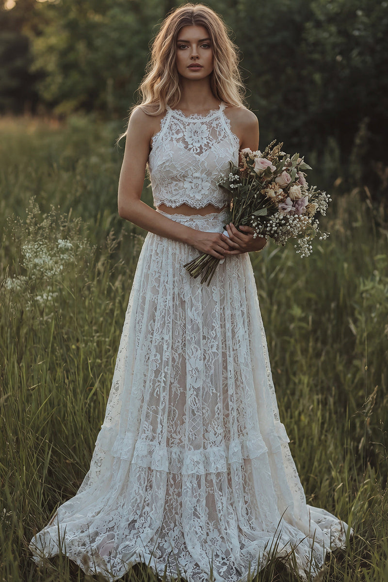 Laden Sie das Bild in den Galerie-Viewer, Spitzen-Elfenbein-Rüschen A-Linie zweiteiliges Boho-Hochzeitskleid