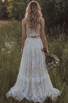 Spitzen-Elfenbein-Rüschen A-Linie zweiteiliges Boho-Hochzeitskleid