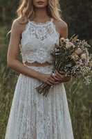 Laden Sie das Bild in den Galerie-Viewer, Spitzen-Elfenbein-Rüschen A-Linie zweiteiliges Boho-Hochzeitskleid