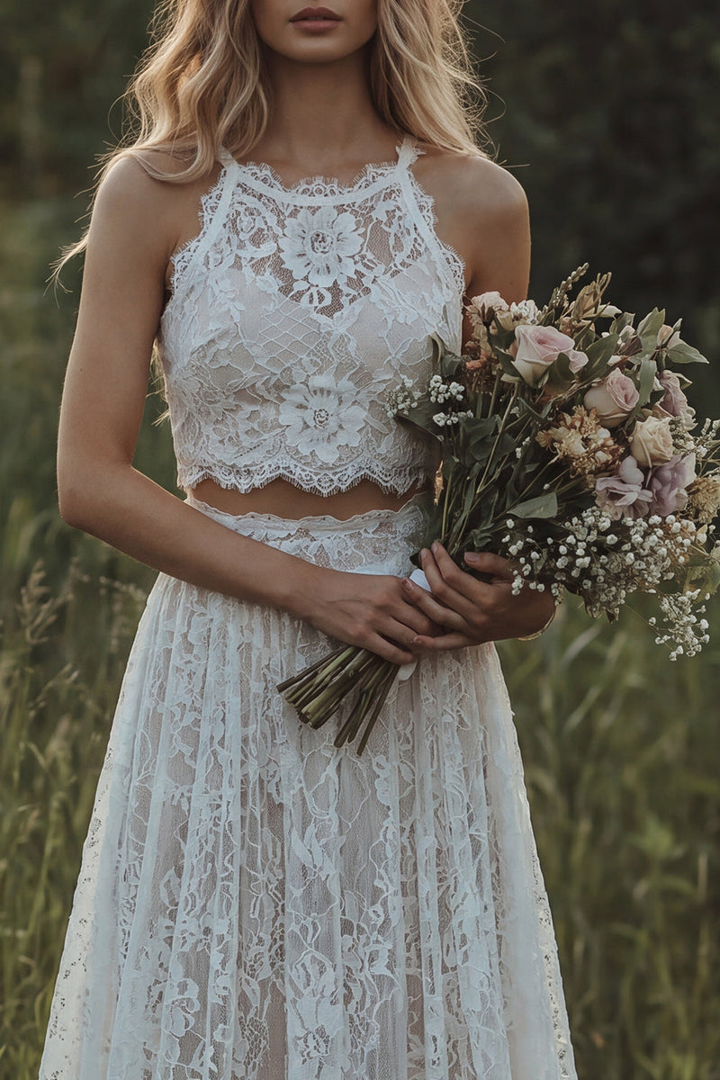 Laden Sie das Bild in den Galerie-Viewer, Spitzen-Elfenbein-Rüschen A-Linie zweiteiliges Boho-Hochzeitskleid