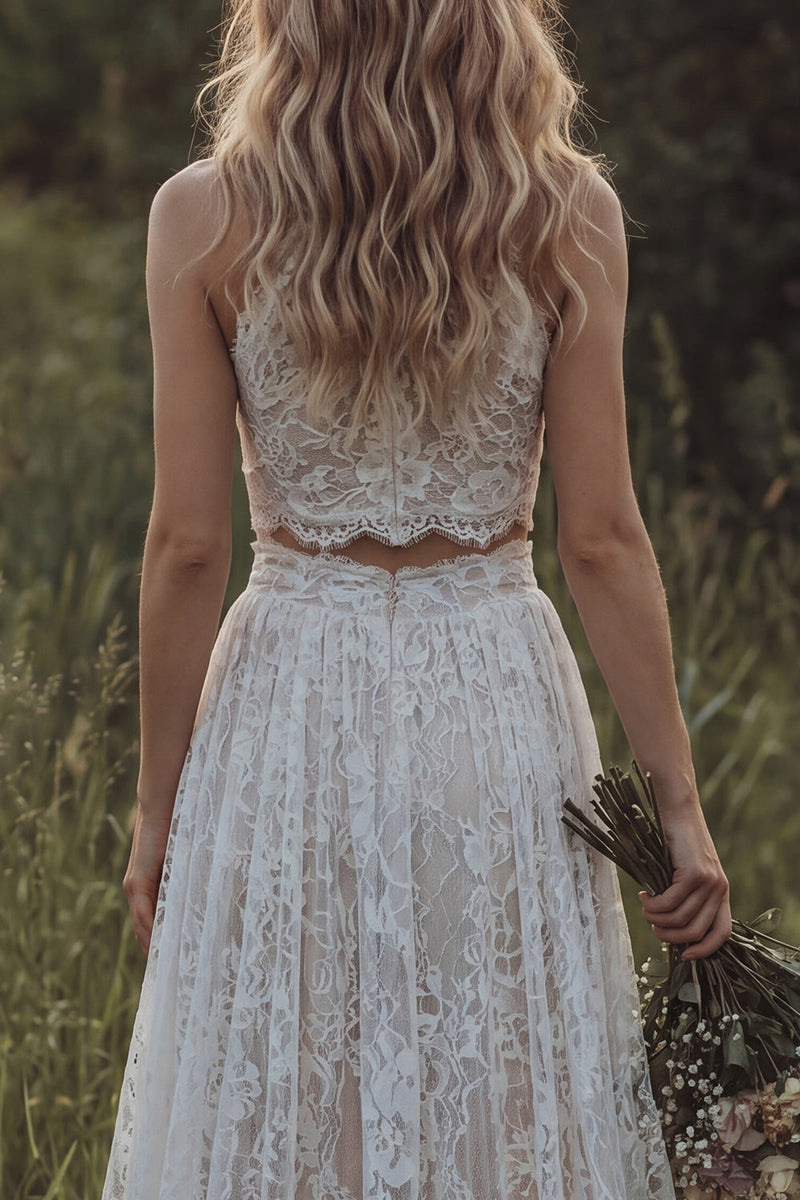 Laden Sie das Bild in den Galerie-Viewer, Spitzen-Elfenbein-Rüschen A-Linie zweiteiliges Boho-Hochzeitskleid