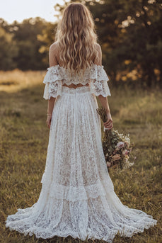 Off The Shoulder Lace Ivory A Line Ragschen-Zweiteiliges Boho-Hochzeitskleid