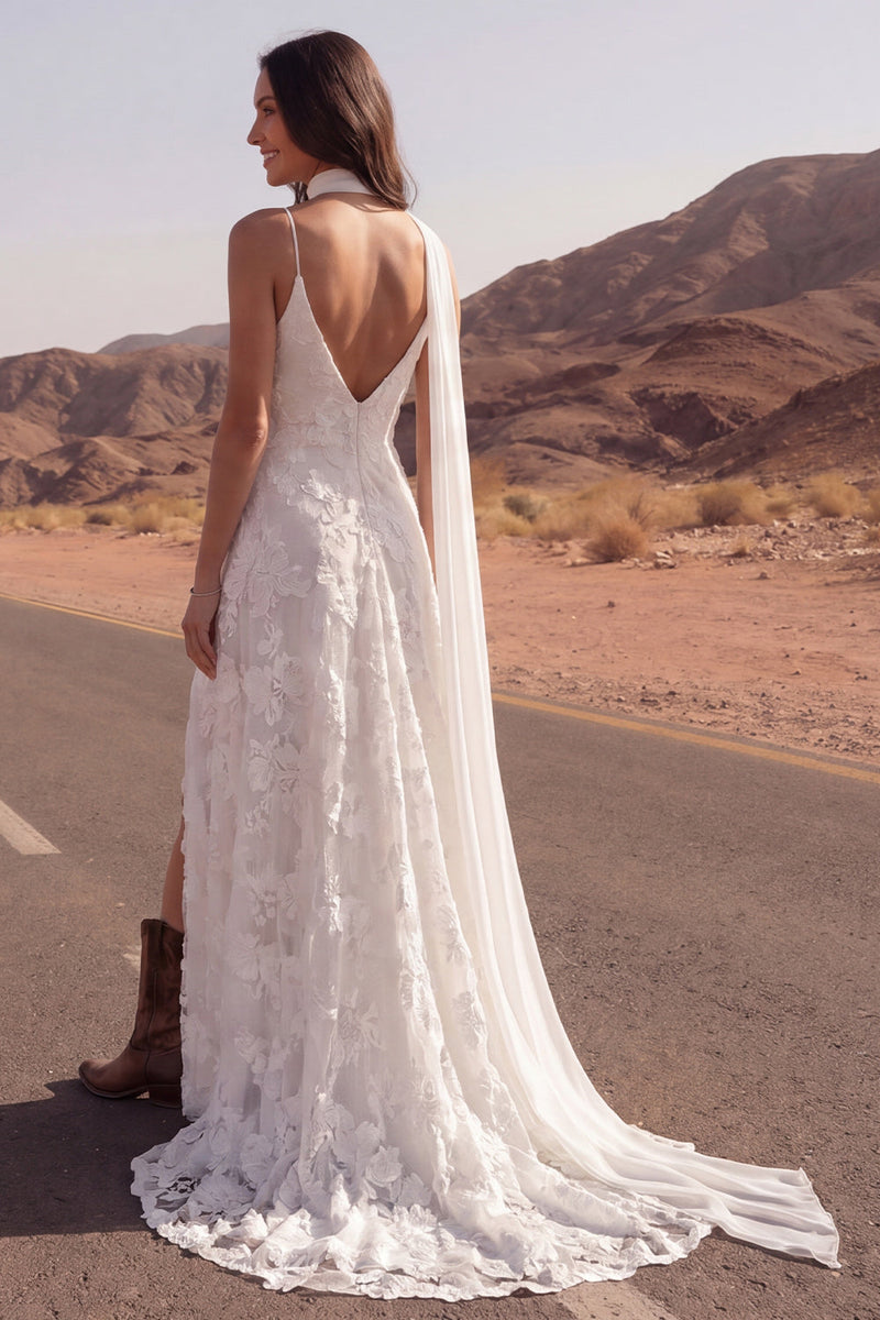 Laden Sie das Bild in den Galerie-Viewer, Elfenbein-Spaghettiträger – Ein appliziertes Boho-Hochzeitskleid mit Halsschal