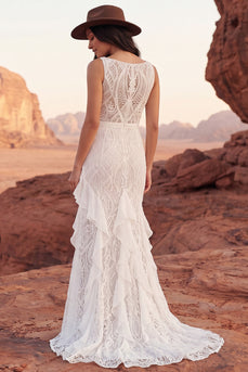 Spitzen-Elfenbein-Bootsausschnitt mit Meerjungfrauen-Rüschen-Boho-Hochzeitskleid mit Schlitz