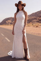Laden Sie das Bild in den Galerie-Viewer, Elfenbein-Spitzen-Meerjungfrauen-Boho-Hochzeitskleid mit hohem Ausschnitt
